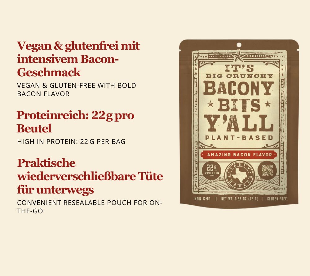 Vegan Bacon Bits – herzhaft, rauchig & proteinreich. Glutenfreier Snack mit 22 g Protein, perfekt als Topping oder pur.