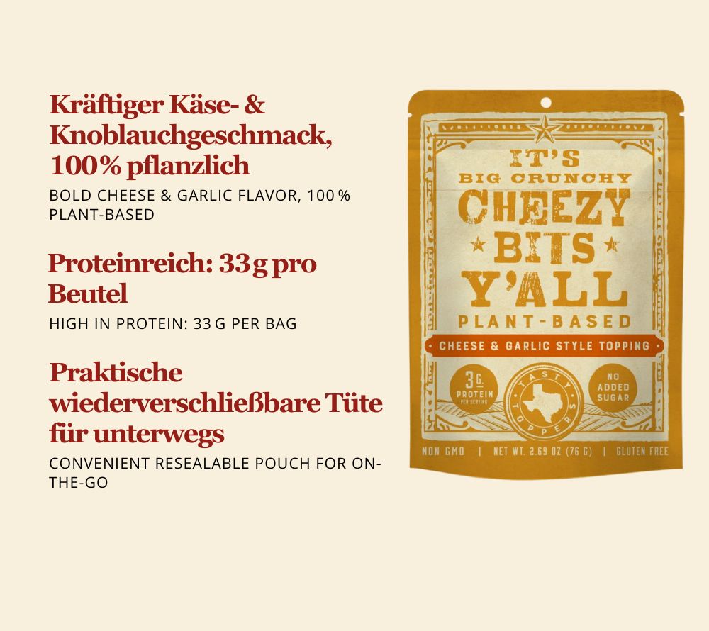 Cheese & Garlic Style Cheezy Snacks – vegan, glutenfrei & mit 33 g Protein. Intensiver Cheezy-Knoblauchgeschmack, perfekt als Snack oder Topping.