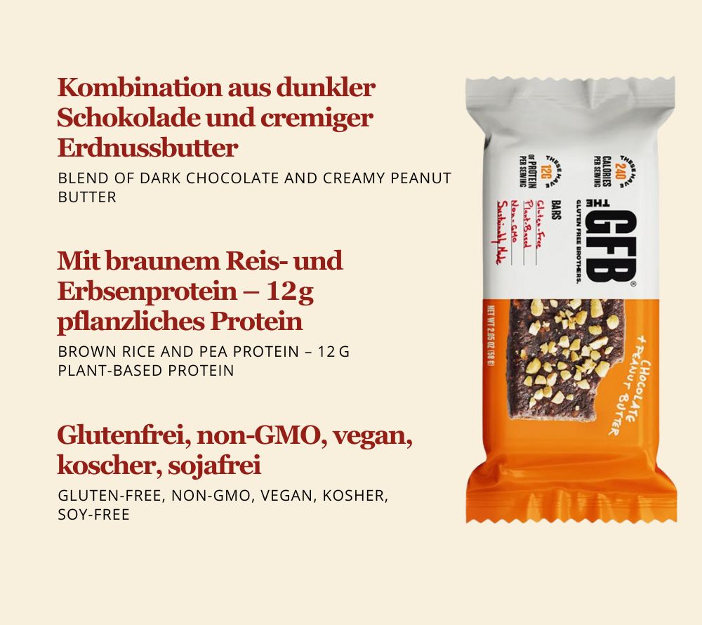 Proteinreicher Genuss: Chocolate Peanut Butter Bar von GFB – vegan, glutenfrei, nachhaltig und ideal für bewusste Snack-Konzepte.