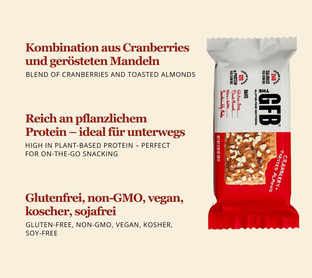 Cranberry Toasted Almond Bar – fruchtig-nussiger Proteinriegel von GFB. Vegan, glutenfrei & nachhaltig produziert für bewusste Kund:innen.