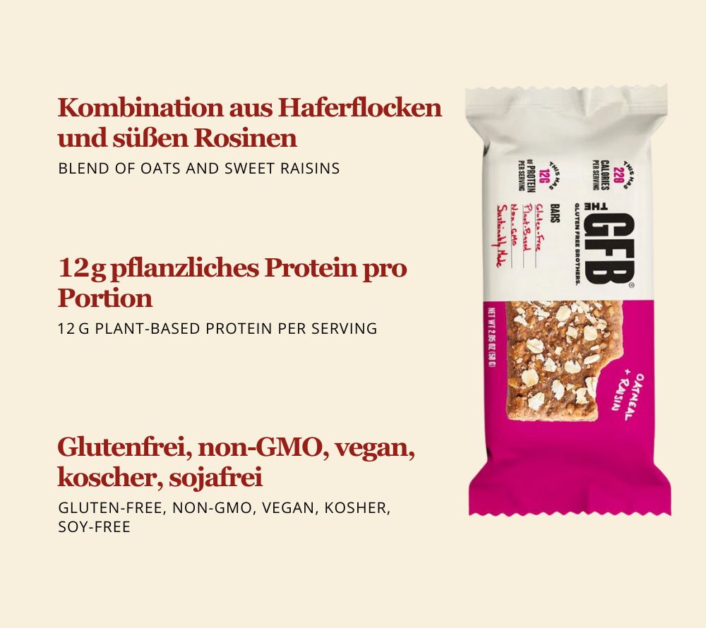 Oatmeal Raisin Bar – veganer Proteinriegel mit Hafer & Rosinen. Glutenfrei, nachhaltig & ideal für moderne Health-Food-Konzepte.