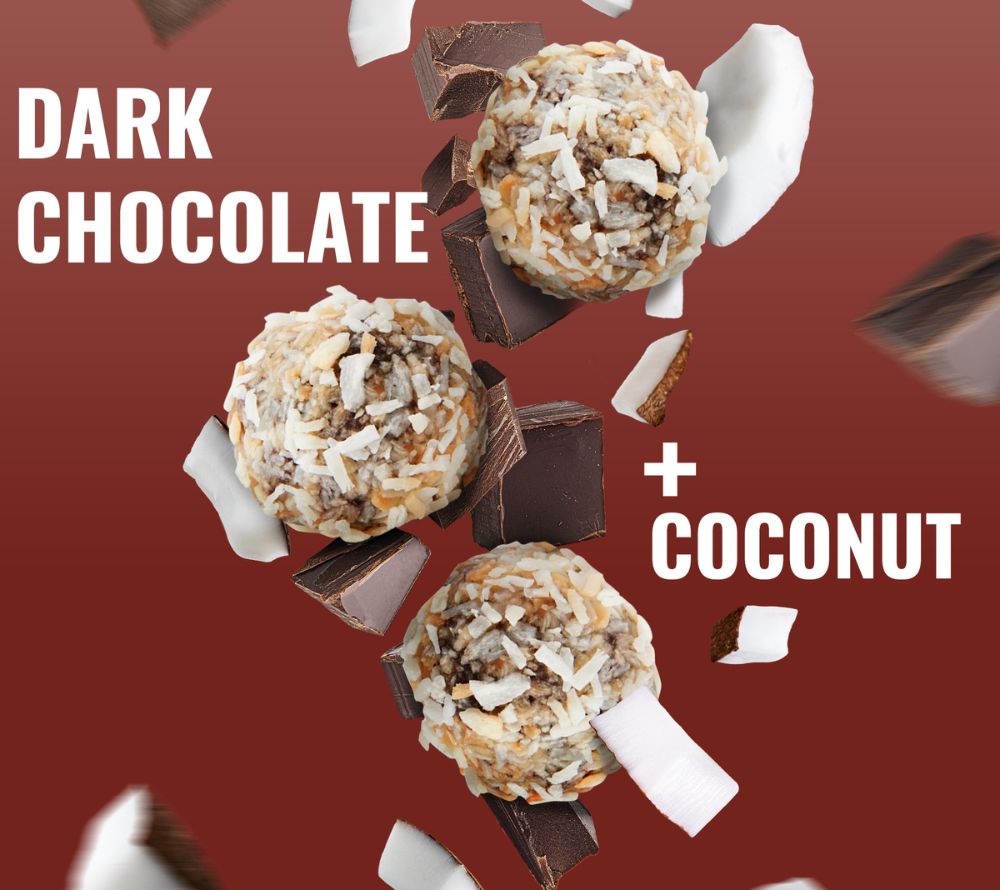 Dark Chocolate Coconut Bites – vegan, proteinreich & glutenfrei. Kokos & Schokolade in perfekter Balance – Genuss mit Bewusstsein.