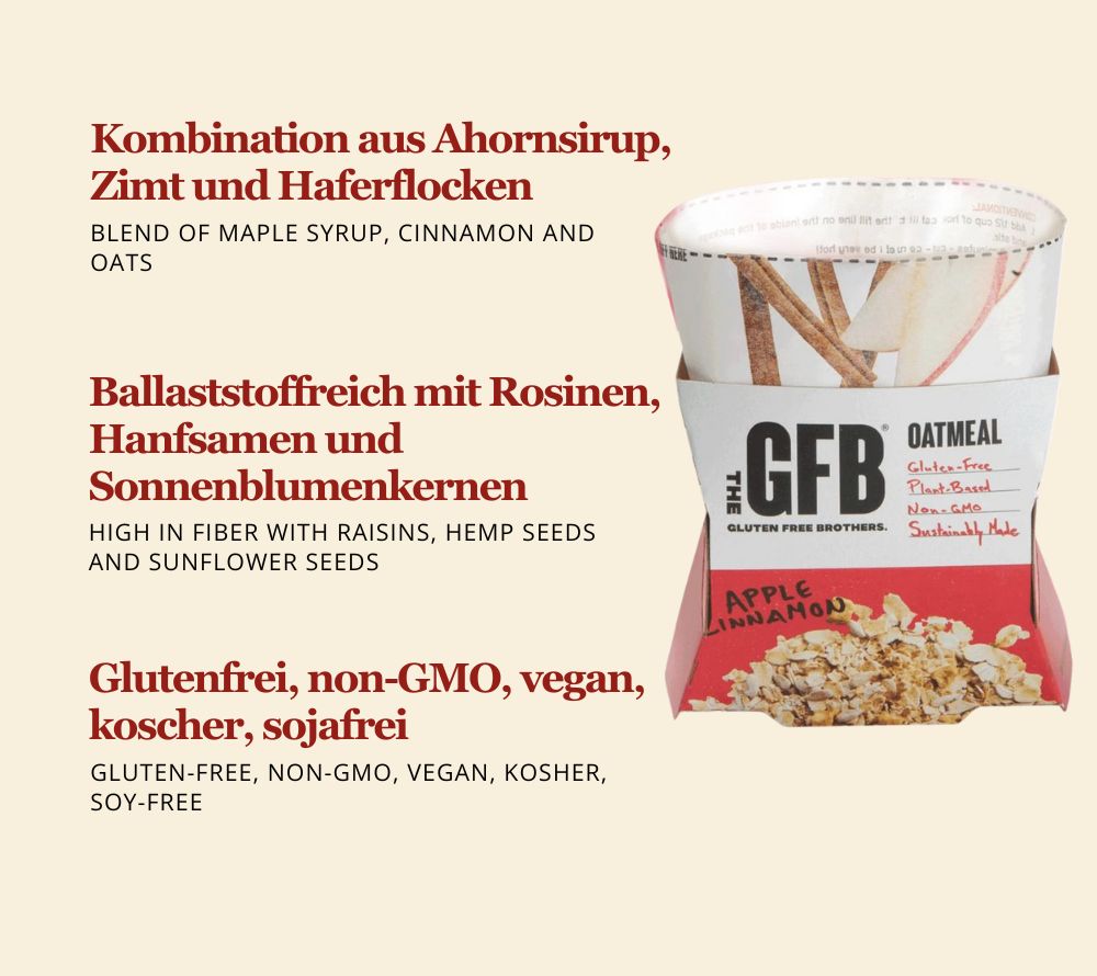 Apple Cinnamon Oatmeal – vegan, glutenfrei & natürlich süß. Mit Apfel & Zimt für warme Genussmomente – ideal für Frühstück & gesunde To-go-Angebote.