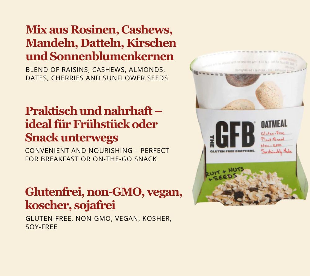 Fruit, Nuts & Seeds Oatmeal – glutenfrei, vegan & proteinreich. Natürliches Power-Frühstück mit Früchten, Nüssen & Samen – perfekt für To-go-Angebote.