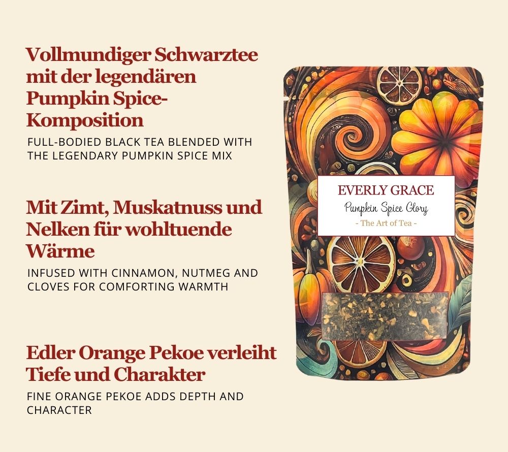 Kräftiger Schwarztee mit Pumpkin-Spice-Gewürzen. Zimt, Muskat & Nelken bringen wohltuende Wärme – Herbstgenuss für echte Teeliebhaber.