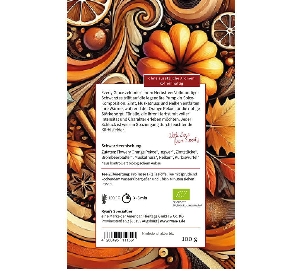Kräftiger Schwarztee mit Pumpkin-Spice-Gewürzen. Zimt, Muskat & Nelken bringen wohltuende Wärme – Herbstgenuss für echte Teeliebhaber.