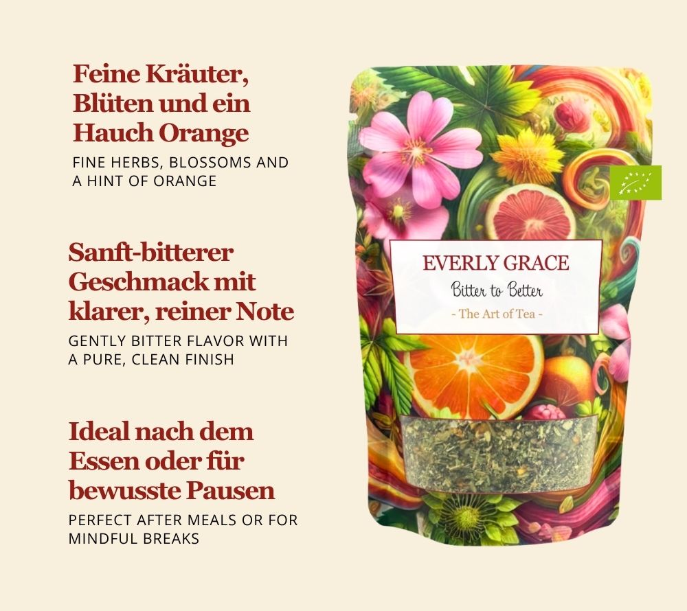 Everly Grace Bitter to Better Tea – feine Bio-Kräuterkomposition mit Blüten & Orange jetzt bei Ryan's B2B. Sanft-bitterer Tee für Balance & bewussten Genuss.