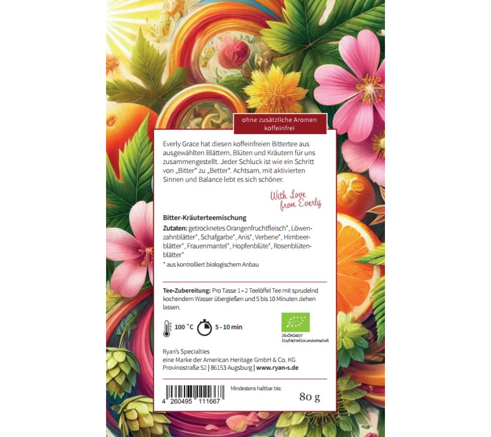 Everly Grace Bitter to Better Tea – feine Bio-Kräuterkomposition mit Blüten & Orange jetzt bei Ryan's B2B. Sanft-bitterer Tee für Balance & bewussten Genuss.