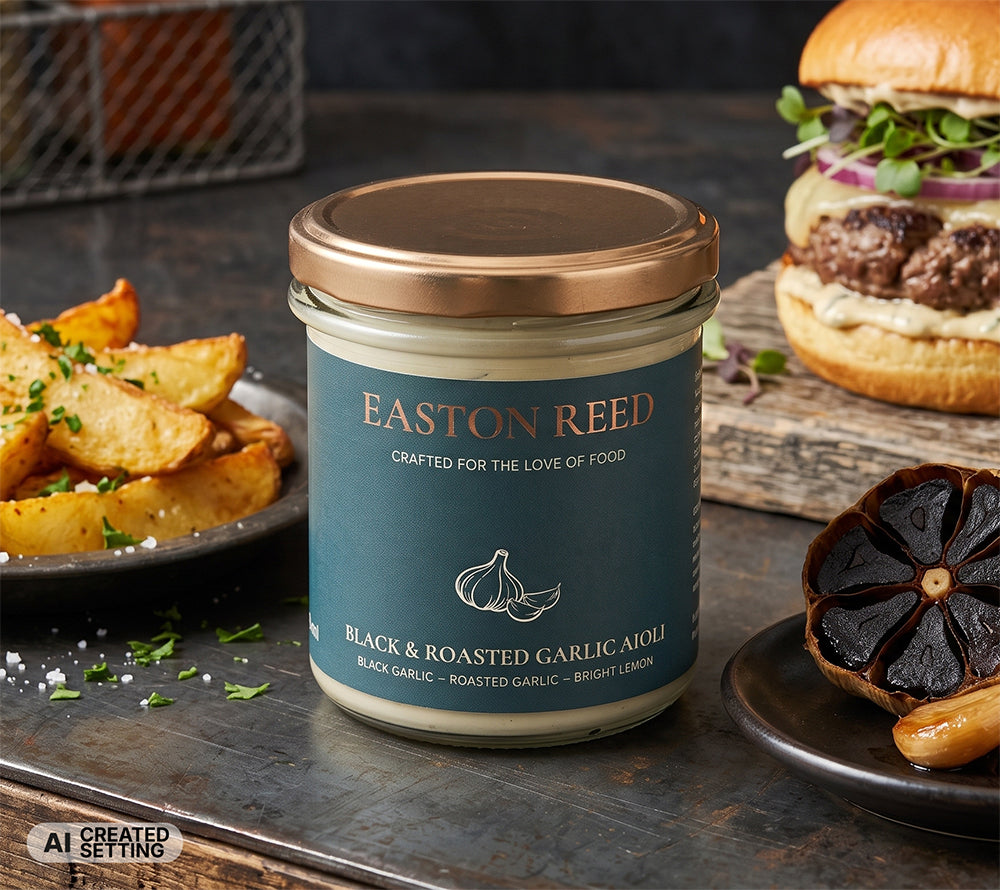 Easton Reed Black & Roasted Garlic Aioli: Cremige Knoblauch-Sauce mit schwarzem und geröstetem Knoblauch. Ideal zu BBQ, Burgern, Gemüse und Snacks.