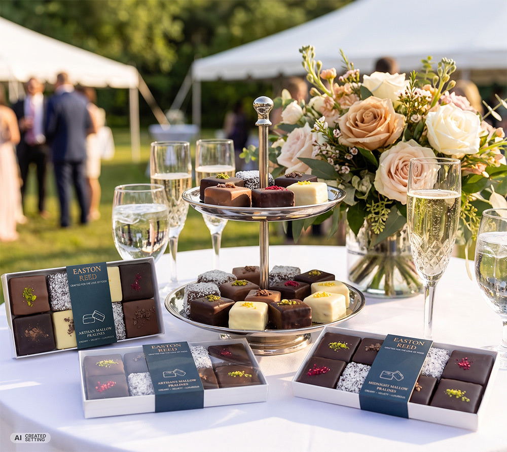 Mallow Pralines von Easton Reed auf einem Tisch bei einer Hochzeit. Auf einer Etagere liegen Mallow Pralines und daneben stehen Gläser mit Sekt