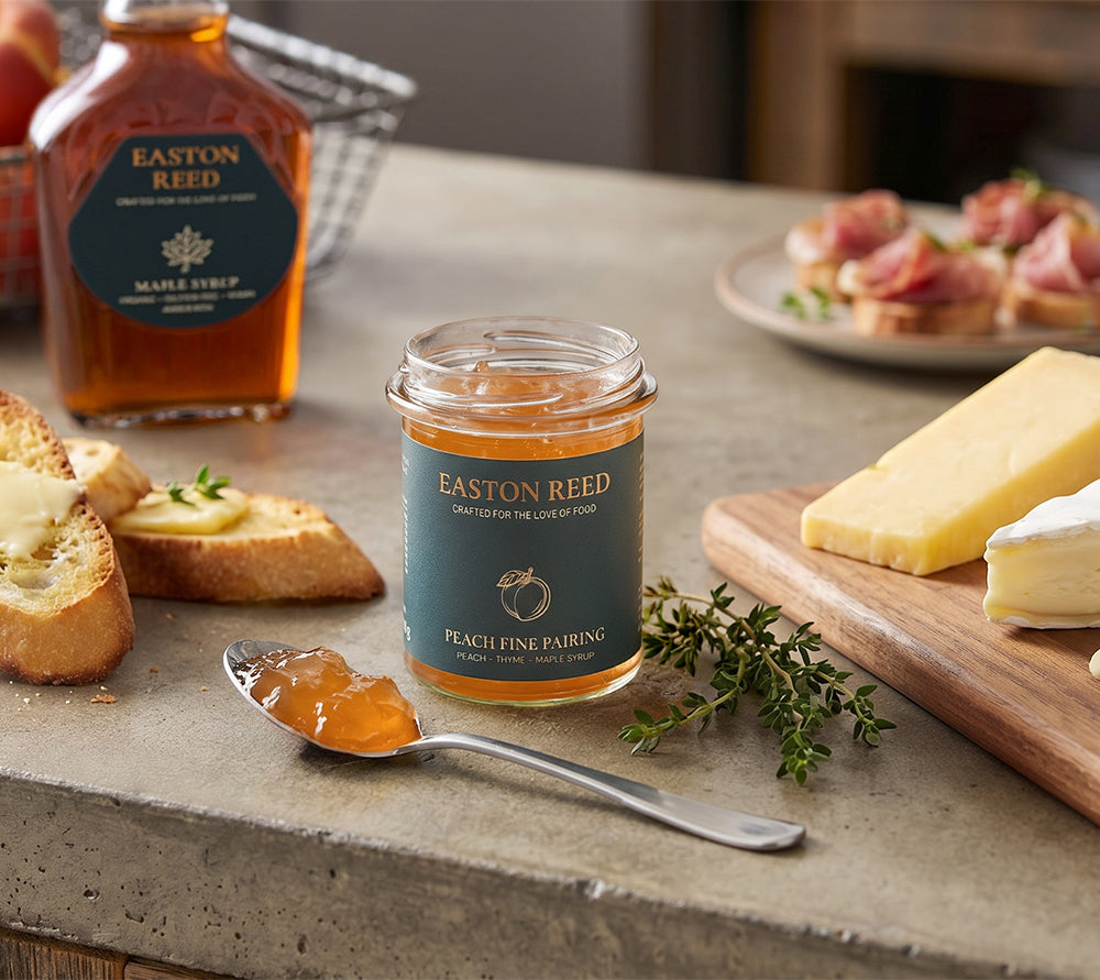 Fruchtiges Pfirsich-Chutney mit Thymian und Ahornsirup im 230 g-Glas. Perfekt zu BBQ, Grillkäse, Pancakes und herzhaften Brunch-Gerichten. Jetzt entdecken!