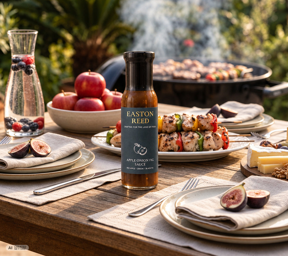 Apple Onion Fig Sauce im Vordergrund, im Hintergrund sind Hähnchen Gemüse Spieße und ein Grill auf dem diese gegrillt werden