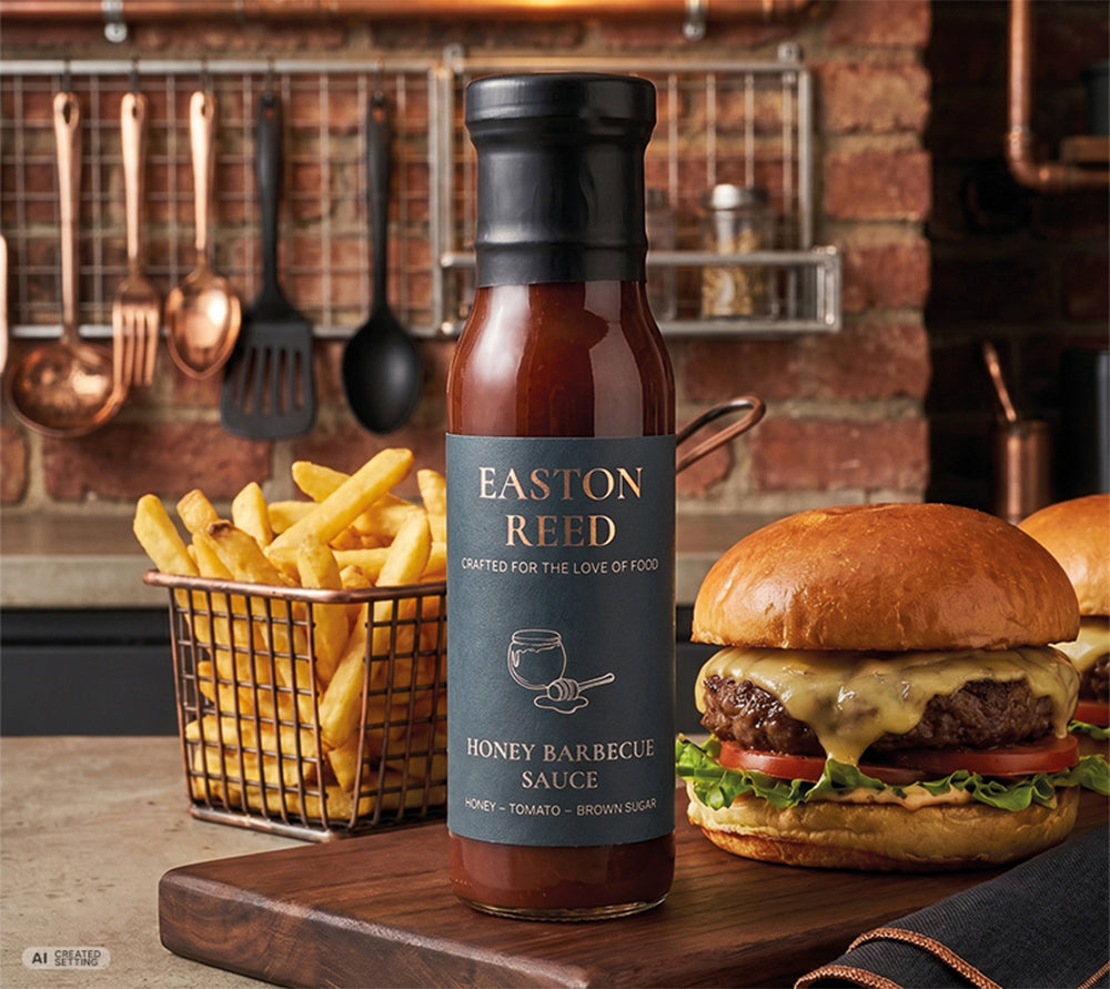 Honey Barbecue Sauce zu saftigen Burgern und Pommes