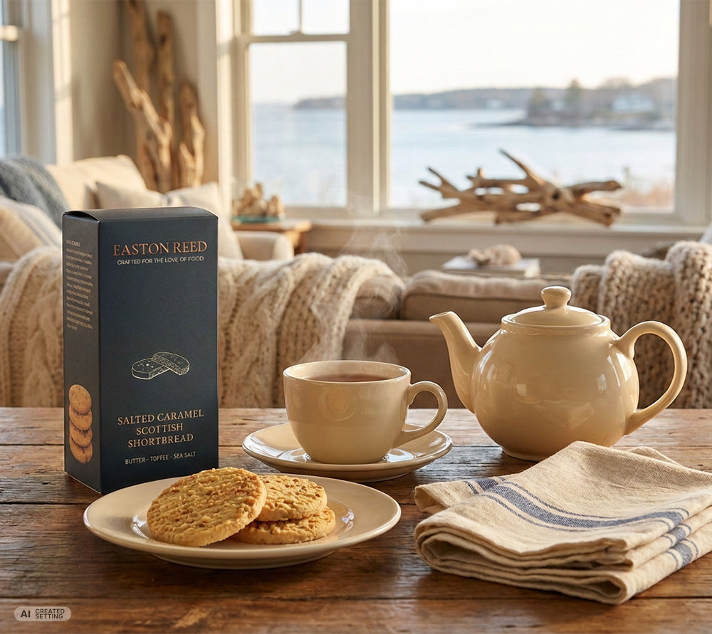 Salted Caramel Shortbread von Easton Reed mit Toffeestückchen und Meersalz. In Schottland gebacken, 175 g, VPE 6 – ideal für Feinkost und Geschenke.