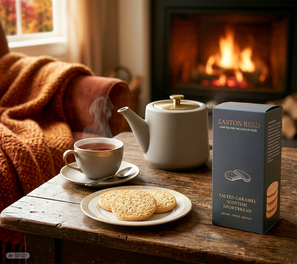 Salted Caramel Shortbread von Easton Reed mit Toffeestückchen und Meersalz. In Schottland gebacken, 175 g, VPE 6 – ideal für Feinkost und Geschenke.