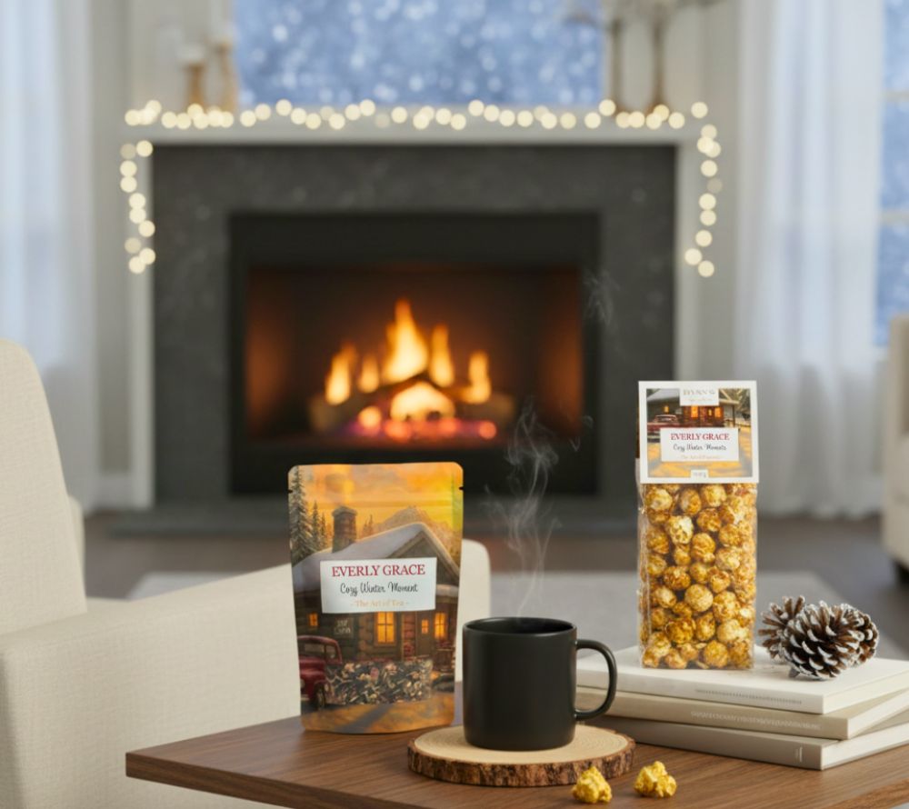 Everly Grace Cozy Winter Moments Popcorn – handgefertigt in Augsburg, mit Karamell & Mandeln. Der süße Geschmack von Winterglück für Ihr Sortiment.