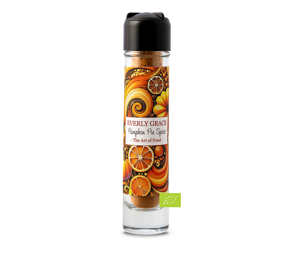 Bio Pumpkin Pie Spice Gewürz von Everly Grace im 25g-Glas mit drei unterschiedlichen Streuöffnungen