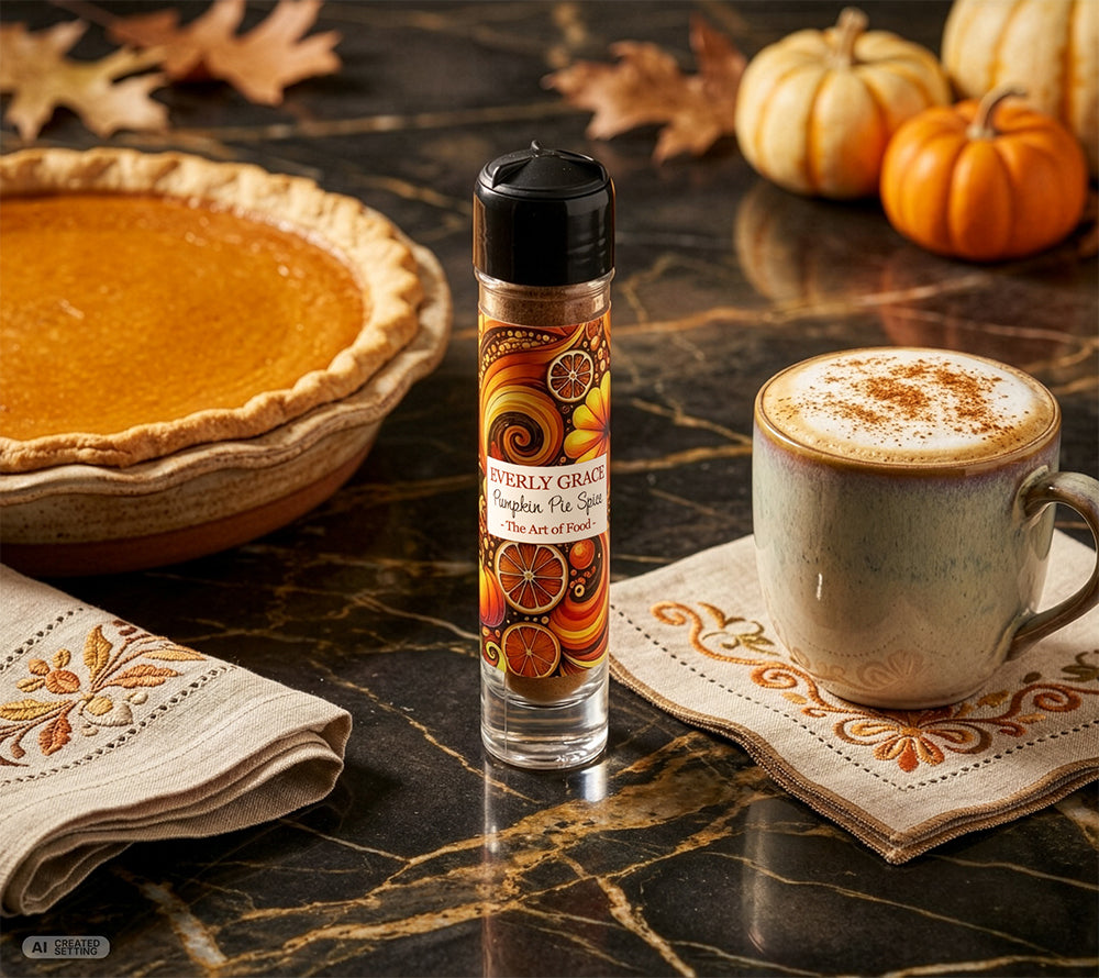 Bio Pumpkin Pie Spice von Everly Grace im Vordergrund, daneben eine Tasse mit Pumpkin Spice Latte und ein Pumpkin Pie