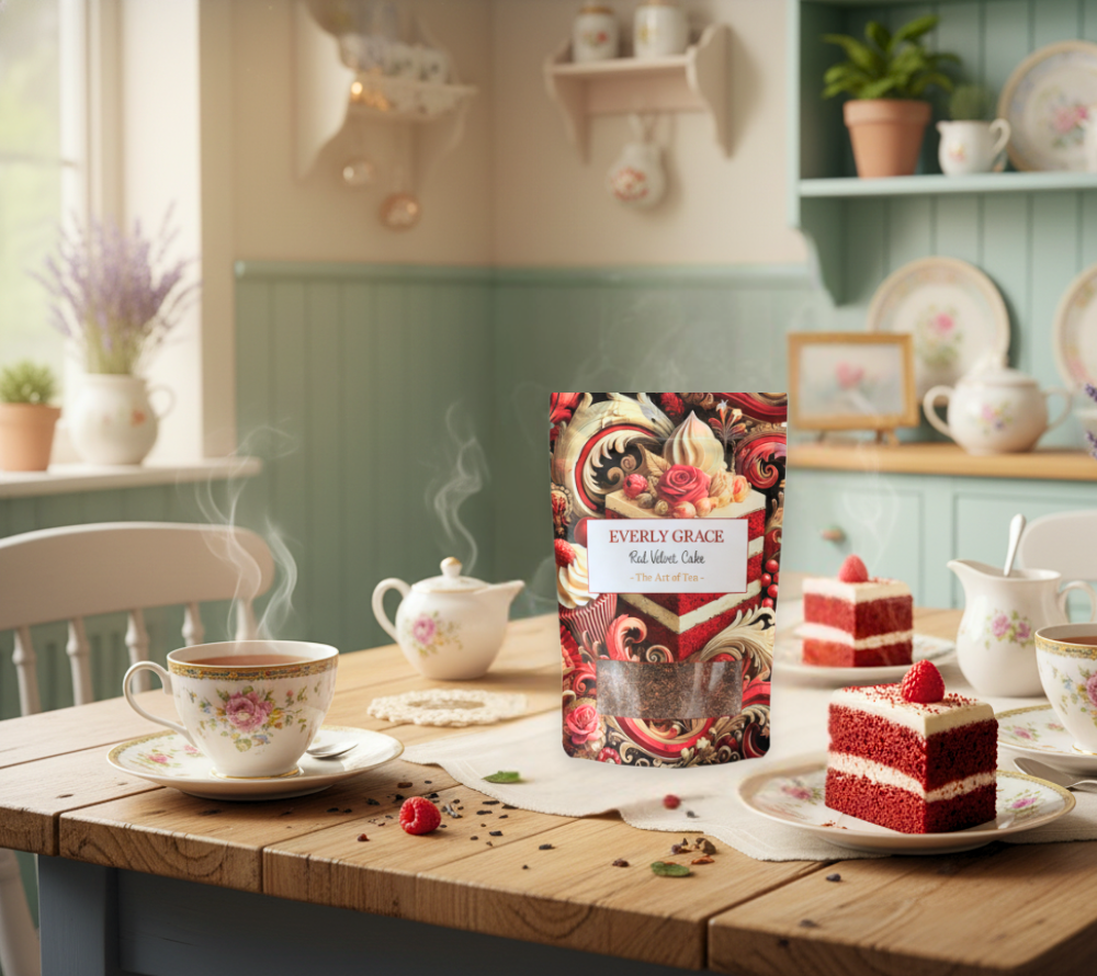 Everly Grace Red Velvet Tea – lose Bio-Tee-Komposition mit feinen Kakaonoten, warmen Gewürzen und dezenter Süße, inspiriert von klassischer amerikanischer Genusskultur, stilvoll für das B2B-Sortiment präsentiert.