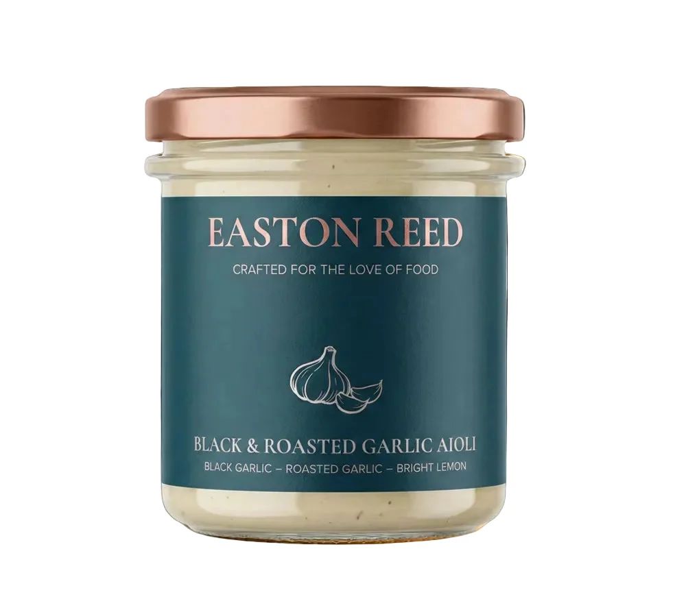 Easton Reed Black & Roasted Garlic Aioli: Cremige Knoblauch-Sauce mit schwarzem und geröstetem Knoblauch. Ideal zu BBQ, Burgern, Gemüse und Snacks.
