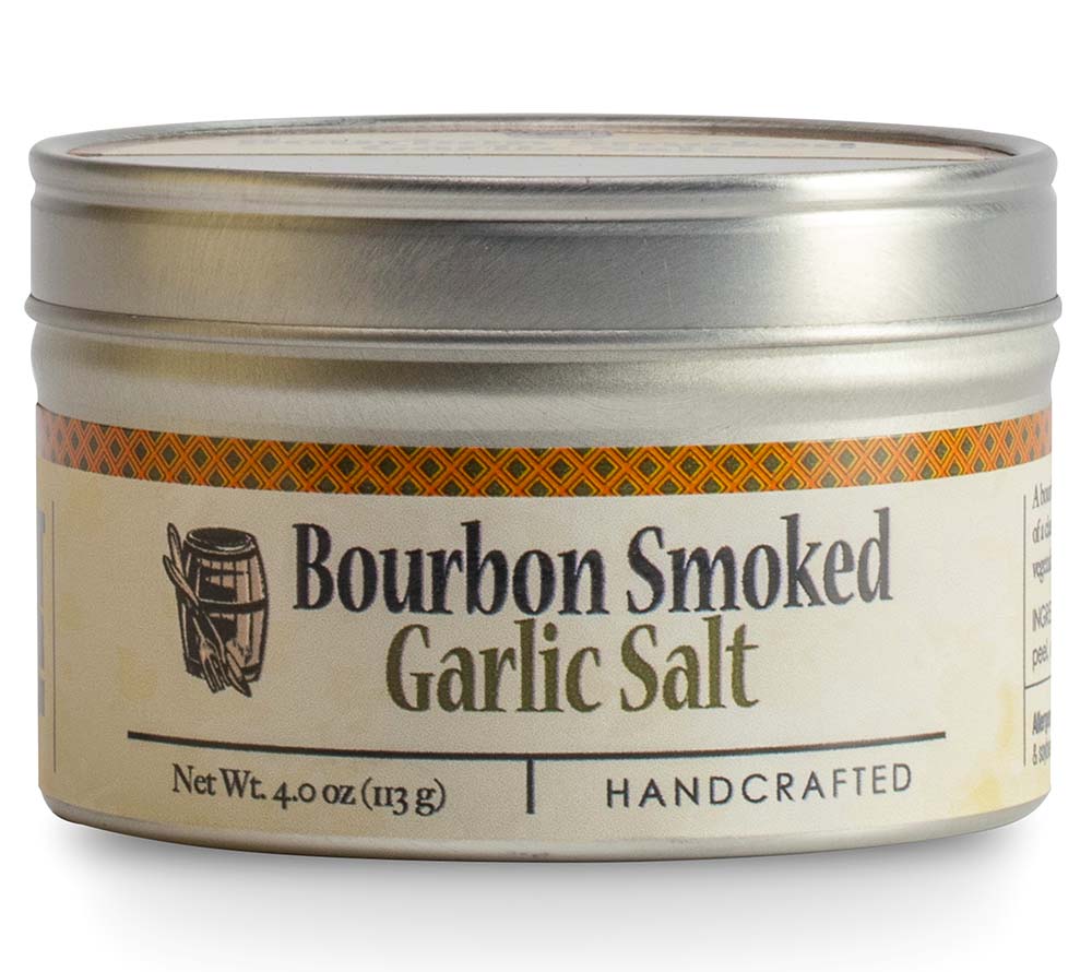 Bourbon Smoked Garlic Salt aus Kentucky mit Knoblauch und Bourbon-Raucharoma. Premium-Gewürz für BBQ, Fleisch, Fisch, Gemüse und Kartoffelgerichte.
