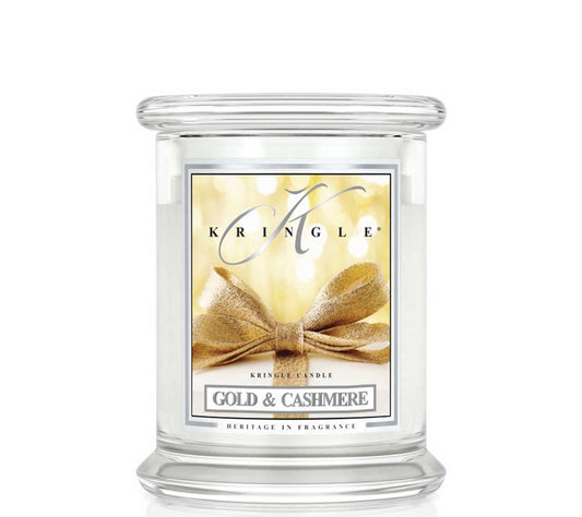 Kringle Jar Medium Gold & Cashmere von Kringle Candle kaufen | Duft: Sandelholz, Mandarine, Vanille, Rum, Weihnachtsduft | Brenndauer: 75 Stunden 