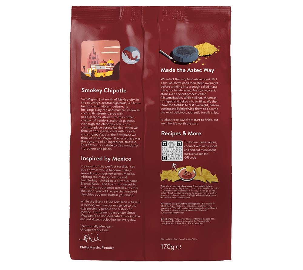 Blanco Niño Smoky Chipotle Tortilla Chips kaufen | 100 % vegan & glutenfrei | Authentischer Geschmack durch traditionelle Nixtamalisierung  EU-weiter Versand