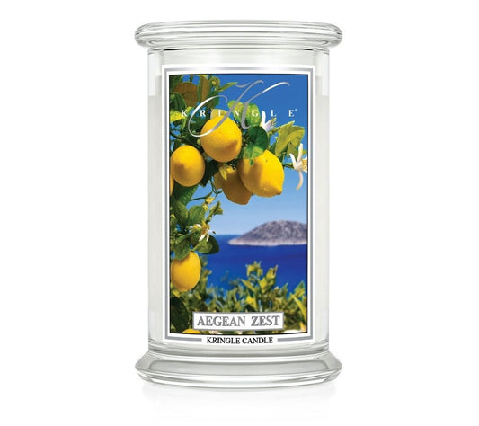 Duftkerze Aegean Zest von Kringle Candle kaufen | mediterranes Lebensgefühl für Ihr Sortiment | spritzige Zitrusaromen, floralen Herznoten
