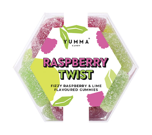 Raspberry Twist Hexagon Box von Yumma Candy kaufen | hochwertige, vegane Zutaten | Premium-Verpackung - Blickfang in Ihrem Regal 